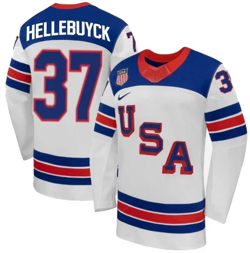 Men's USA #37 Connor Hellebuyck White Away 2026 Olympic Hockey Jersey