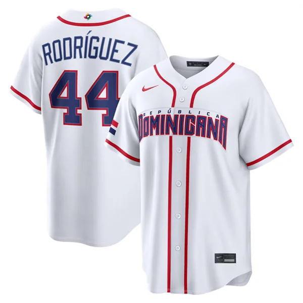 Men's Dominican Republic Baseball #44 Julio Rodriguez Nike White 2026 World Baseball Classic Home Stadium Jersey