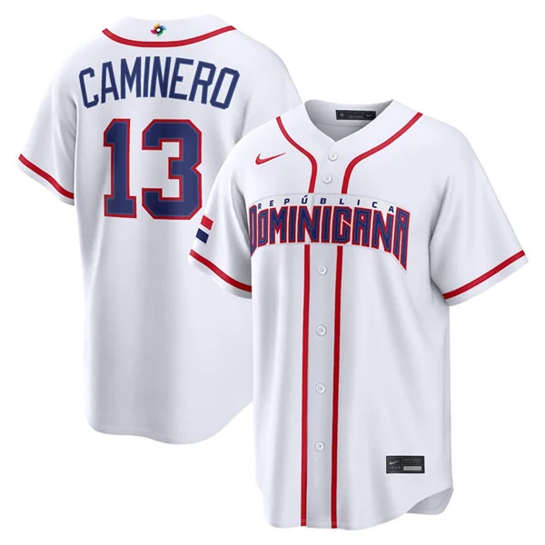 Men's Dominican Republic Baseball #13 Junior Caminero Nike White 2026 World Baseball Classic Home Stadium Jersey