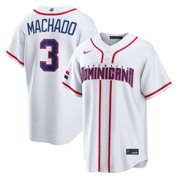Men's Dominican Republic Baseball #3 Manny Machado Nike White 2026 World Baseball Classic Home Stadium Jersey