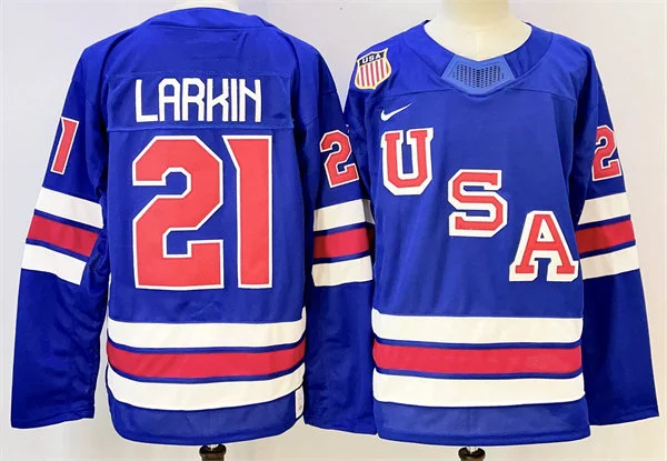 Men's USA #21 Dylan Larkin Home Blue 2026 Olympic Hockey Jersey