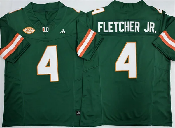 Mens Miami Hurricanes #4 Mark Fletcher Jr. 2025 Green Football Game Jersey