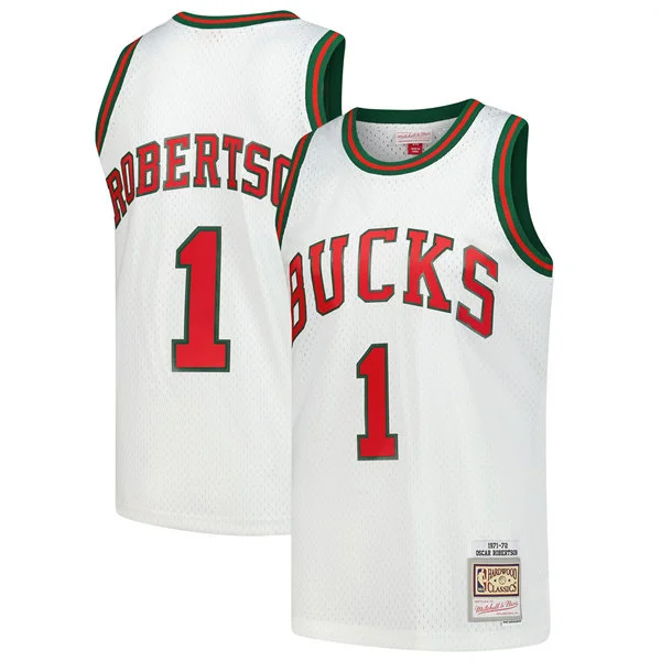 Mens Milwaukee Bucks #1 Oscar Robertson 1971-72 White Mitchell & Ness Hardwood Classics Throwback Jersey (1)