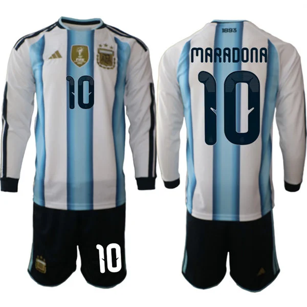 Mens Argentina National Team #10 Diego Maradona 2026 FIFA World Cup Soccer Home White Long Sleeve Jersey Kit