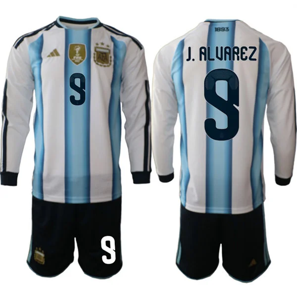 Mens Argentina National Team #9 Julian Alvarez 2026 FIFA World Cup Soccer Home White Long Sleeve Jersey Kit