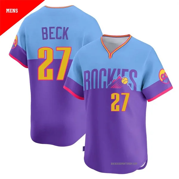 Mens Colorado Rockies #27 Jordan Beck Nike Purple Light Blue City Connect 2.0 Limited Jersey
