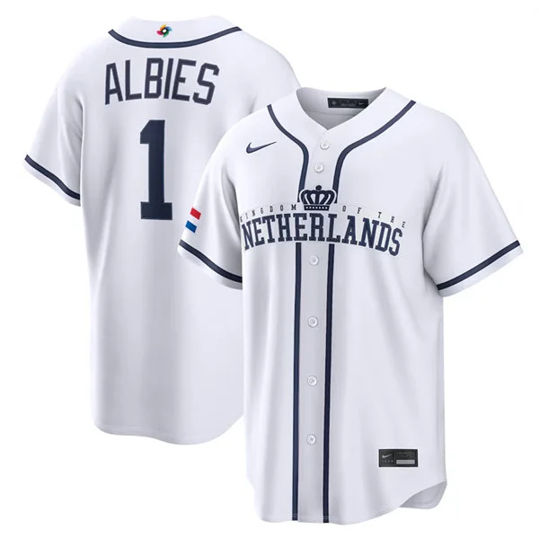 Netherlands Baseball #1 Ozzie Albies Nike White 2026 World Baseball Classic Home Stadium Jersey