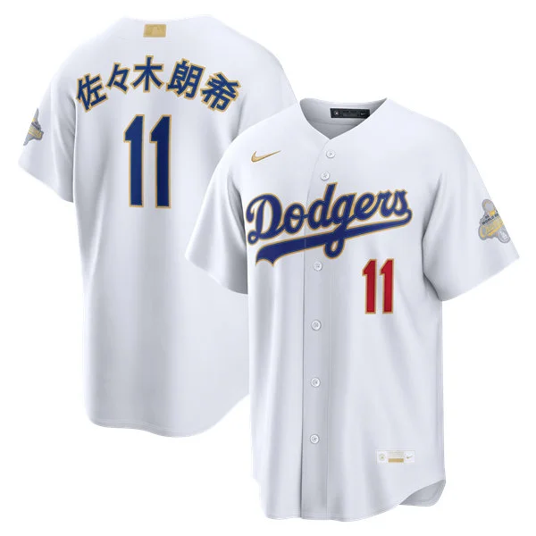 Mens Los Angeles Dodgers #11 Roki Sasaki Kanji Name Nike 2026 White Gold Collection Stadium Limited Jersey