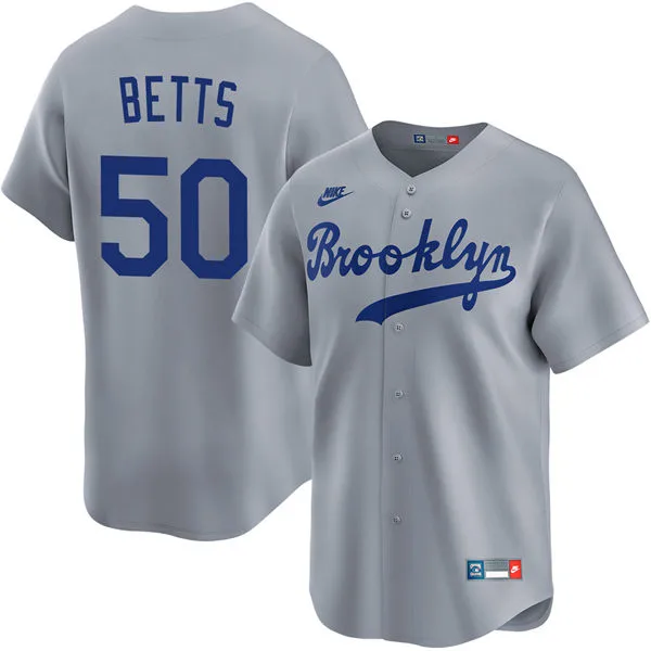 Mens Los Angeles Dodgers #50 Mookie Betts Nike Gray Throwback Cooperstown Collection Limited Jersey