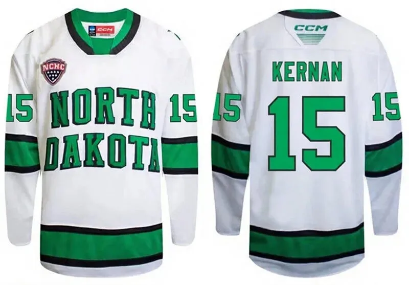 North Dakota Fighting Hawks #15 Jack Kernan 2026 White College Hockey Game Jersey
