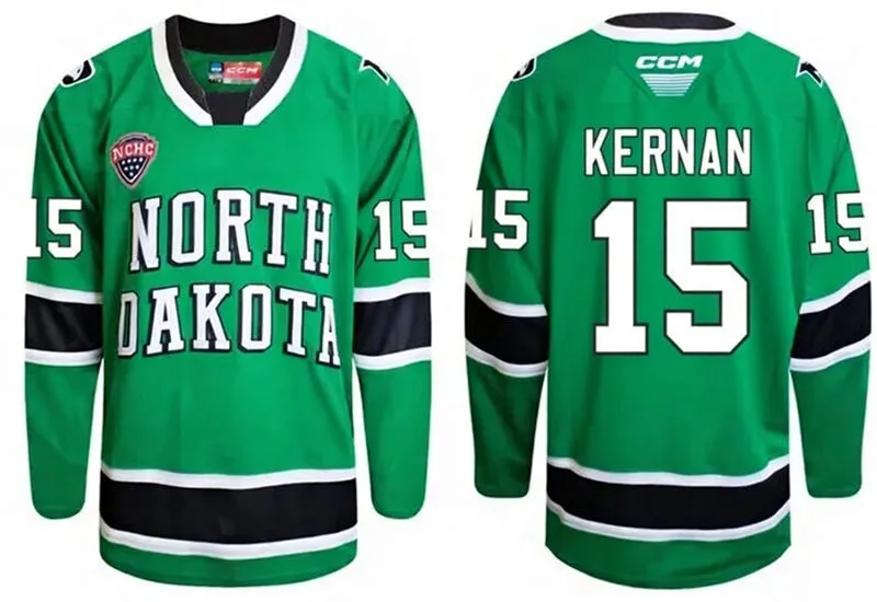 North Dakota Fighting Hawks #15 Jack Kernan 2026 Green College Hockey Game Jersey