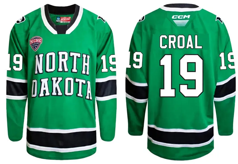 North Dakota Fighting Hawks #19 Cody Croal 2026 Green College Hockey Game Jersey