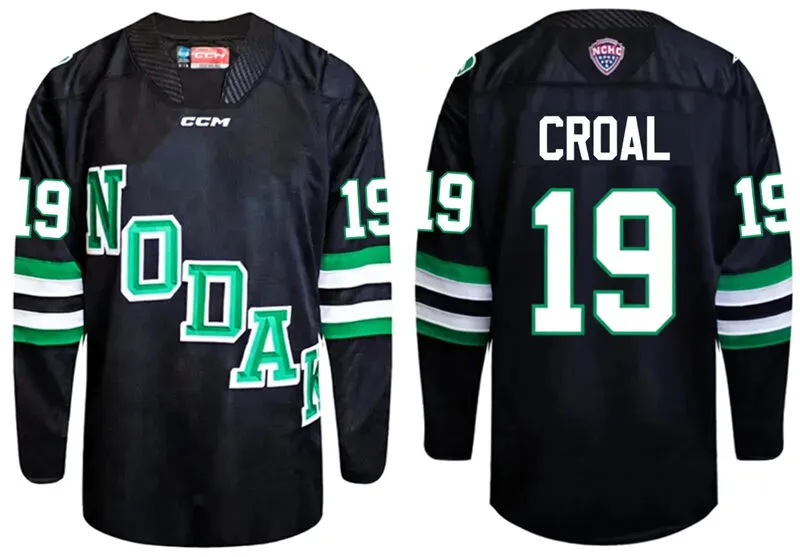 North Dakota Fighting Hawks #19 Cody Croal 2026 Black College Hockey Game Jersey