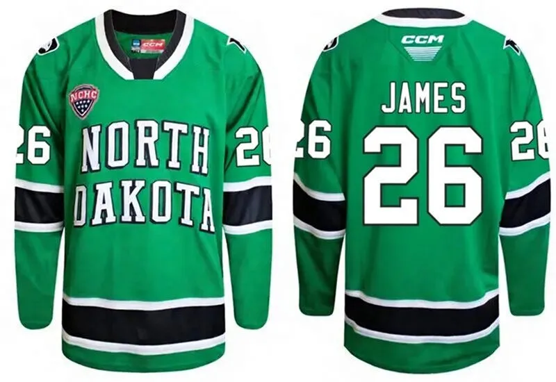 North Dakota Fighting Hawks #26 Dylan James 2026 Green College Hockey Game Jersey