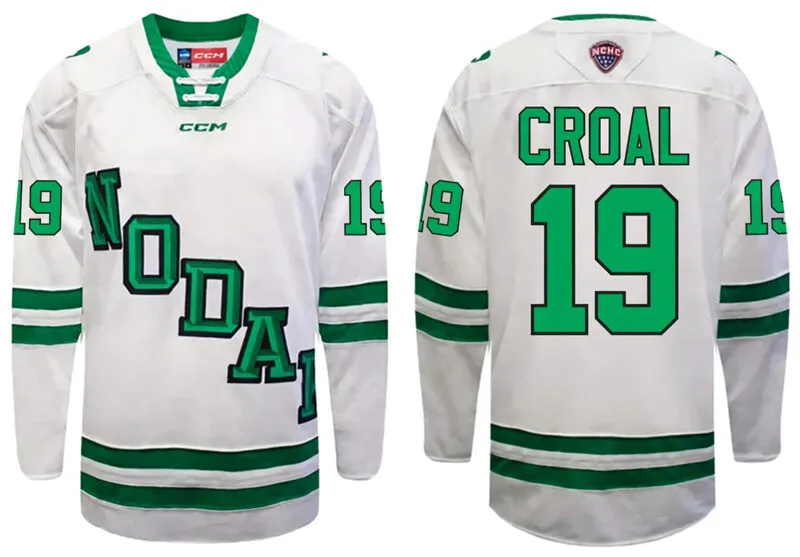 North Dakota Fighting Hawks #19 Cody Croal 2026 White North Dakota College Hockey Game Jersey