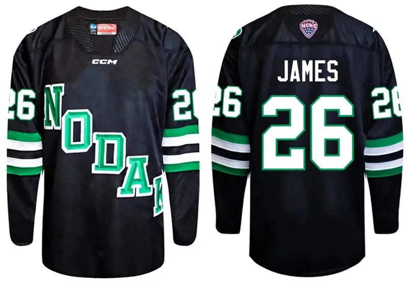 North Dakota Fighting Hawks #26 Dylan James 2026 Black College Hockey Game Jersey