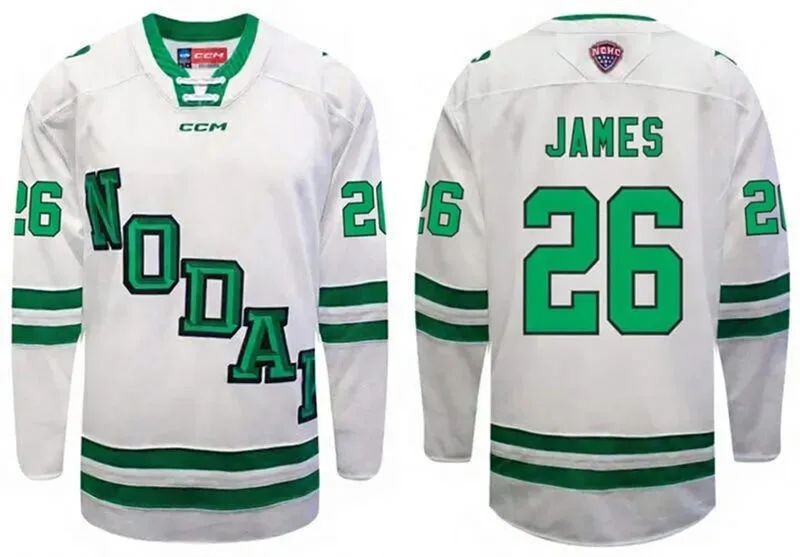 North Dakota Fighting Hawks #26 Dylan James 2026 White North Dakota College Hockey Game Jersey