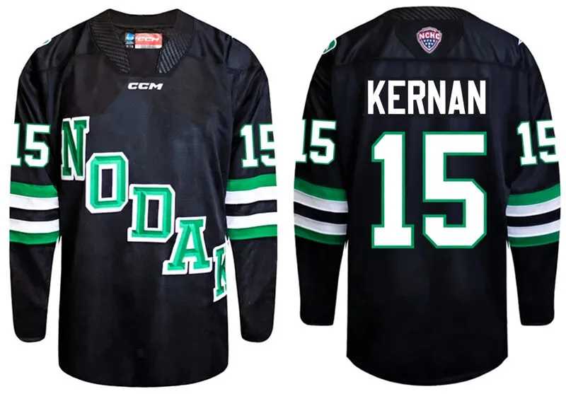 North Dakota Fighting Hawks #15 Jack Kernan 2026 Black College Hockey Game Jersey