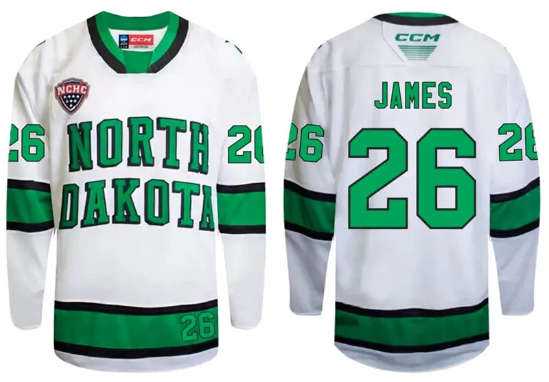 North Dakota Fighting Hawks #26 Dylan James 2026 White College Hockey Game Jersey