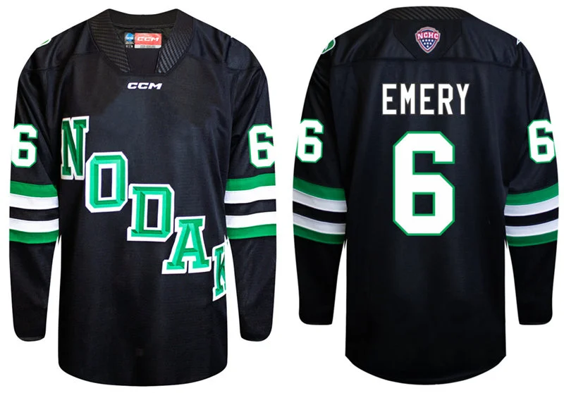 North Dakota Fighting Hawks #6 E.J. Emery CCM 2026 Black alternate NODAK Hockey Game Jersey