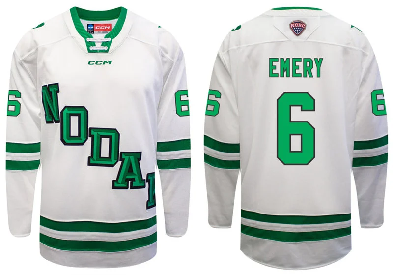 North Dakota Fighting Hawks #6 E.J. Emery CCM 2026 White alternate NODAK Hockey Game Jersey