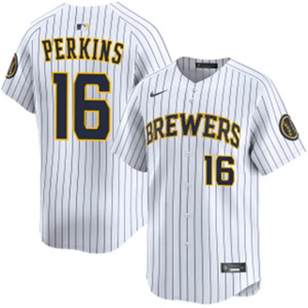 Mens Milwaukee Brewers #16 Blake Perkins Nike White Pinstripe Alternate Limited Jersey
