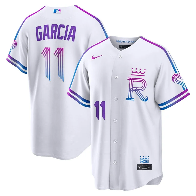 Mens Kansas City Royals #11 Maikel Garcia 2026 White Forever Fountains City Connect Stadium Jersey