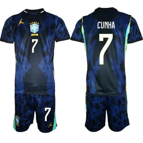 Mens Brazil #7 Matheus Cunha 2026 Blue Away FIFA World Cup Soccer Jersey Kit