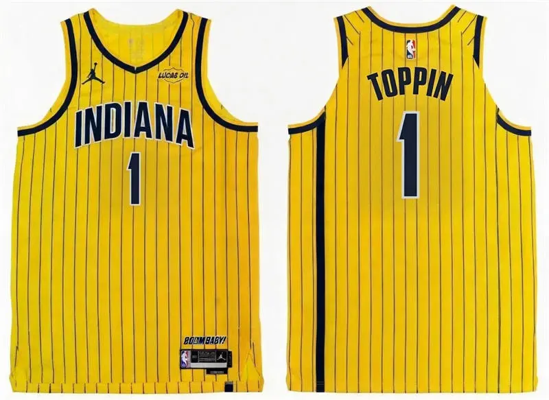 Mens Indiana Pacers #1 Obi Toppin 2026 Yellow Pinstripes Statement Edition Swingman Jersey