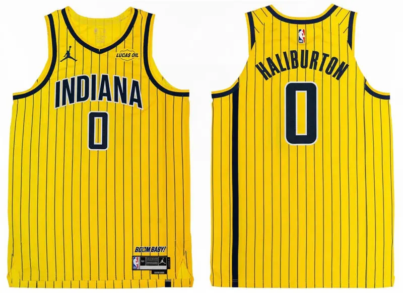 Mens Indiana Pacers #0 Tyrese Haliburton 2026 Yellow Pinstripes Statement Edition Swingman Jersey