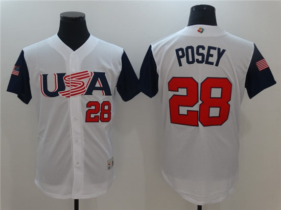 Men's USA Baseball #28 Buster Posey Majestic White 2017 World Baseball Classic Stitched Authentic Jersey