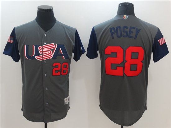 Men's USA Baseball #28 Buster Posey Majestic Gray 2017 World Baseball Classic Stitched Authentic Jersey