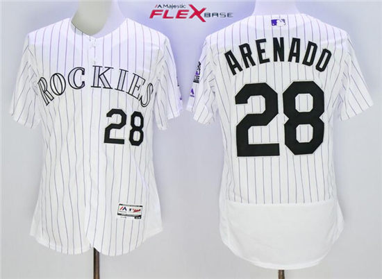 Men's Colorado Rockies #28 Nolan Arenado Majestic White/Purple Pinstripe Home 2016 FlexBase Baseball Jersey