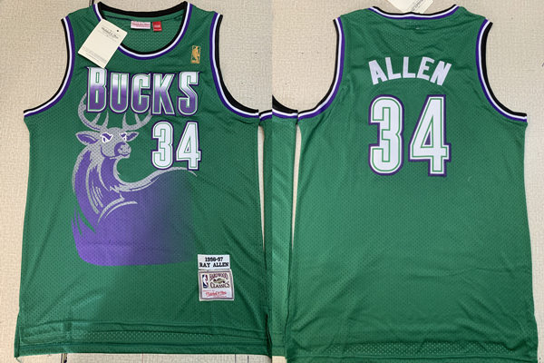Mens Milwaukee Bucks #34 Ray Allen 1996-97 Green Mitchell & Ness Throwback Hardwood Classic Jersey