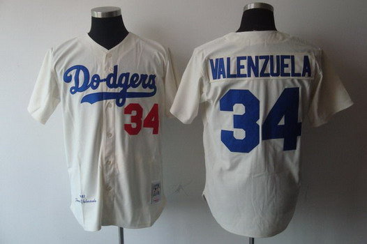 Men's Los Angeles Dodgers #34 Fernando Valenzuela Cream Throwback Jersey