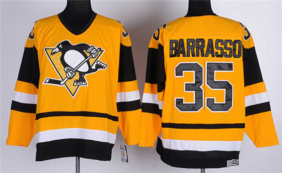 Men's Pittsburgh Penguins #35 Tom Barrasso Yellow Throwbac 1980“City of Champions”CCM Jersey