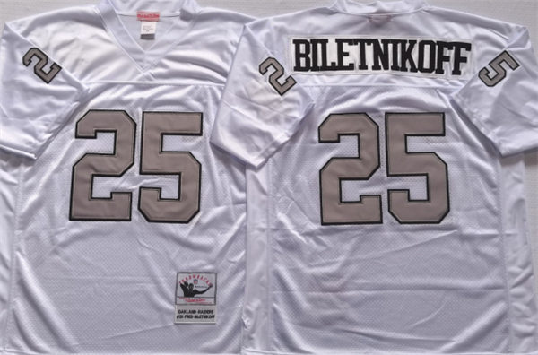 Mens Oakland Raiders #25 Fred Biletnikoff White With Silver Throwback Jersey