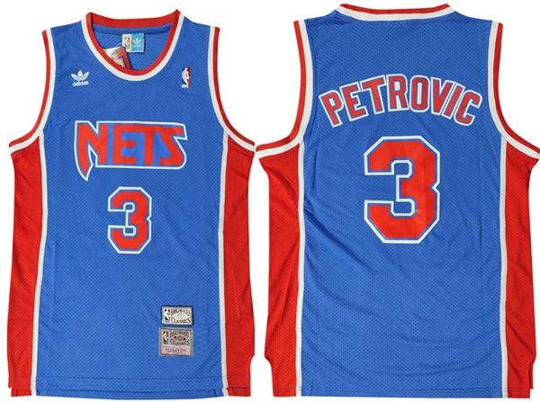 Mens New Jersey Nets #3 Drazen Petrovic 1992-93 Blue Road Stitched Throwback Swingman Jersey