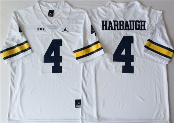 Men's Michigan Wolverines #4 Jim Harbaugh Brand Jordan White Big 10 College Football Jersey S-3XL