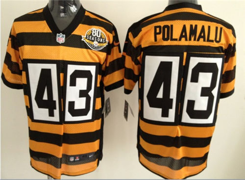 Men's Pittsburgh Steelers #43 Troy Polamalu Yellow-Black Nik Throwback 80th Patch Jerey