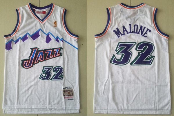 Mens Utah Jazz #32 Karl Malone White Mitchell&Ness 1996-97 Hardwood Classics Throwback Jersey