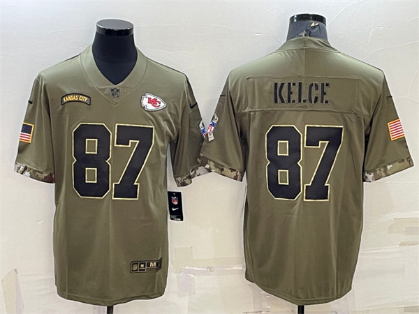 Men's Kansas City Chiefs #87 Travis Kelce Nike 2022 Olive Salute To Service Limited Jersey