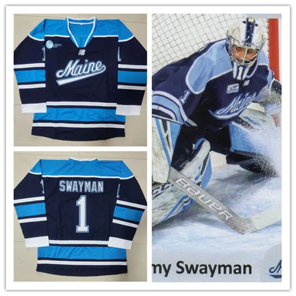 Mens Youth Maine Black Bears #1 Jeremy Swayman Navy College Hockey Game Jersey