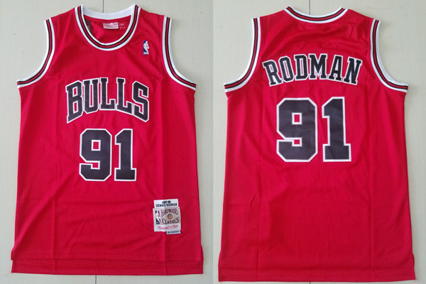 Mens Chicago Bulls #91 Dennis Rodman Red Mitchell & Ness 1997-98 Hardwood Classics Throwback Jersey