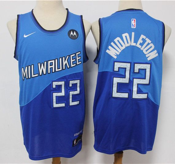 Mens Milwaukee Bucks #22 Khris Middleton Blue Nike 2020-21 City Edition Swingman Jersey