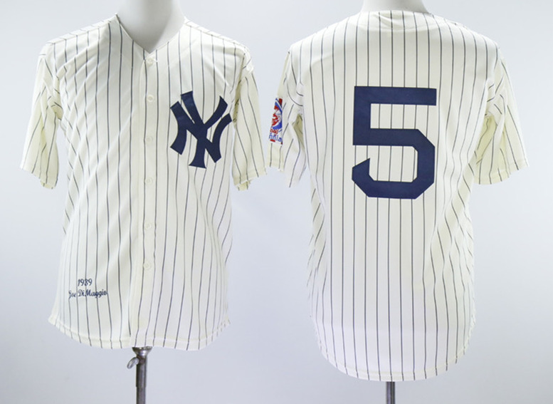 Mens New York Yankees #5 Joe DiMaggio 1939 Cream Mitchell&Ness Cooperstown Collection Throwback Jersey