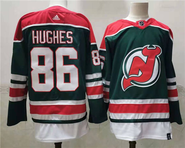 Mens New Jersey Devils #86 Jack Hughes Green Adidas 2021 Reverse Retro Jersey