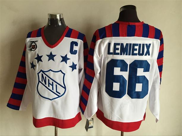 Men's #66 Mario Lemieux White With 75TH Patch 1992 Wales 