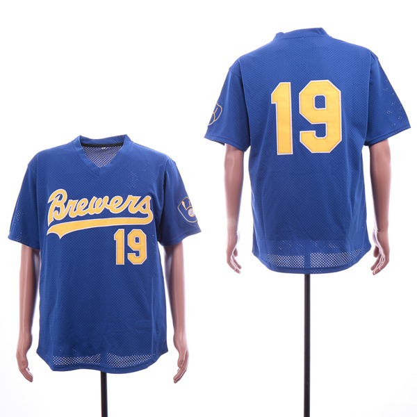 Mens Milwaukee Brewers #19 Robin Yount Mesh Batting Practice Blue Throwback Jersey