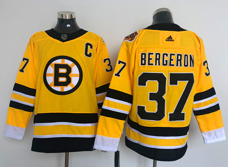 Men's Boston Bruin #37 Patrice Bergeron Yellow 2021 adidas NHL REVERSE RETRO JERSEYS